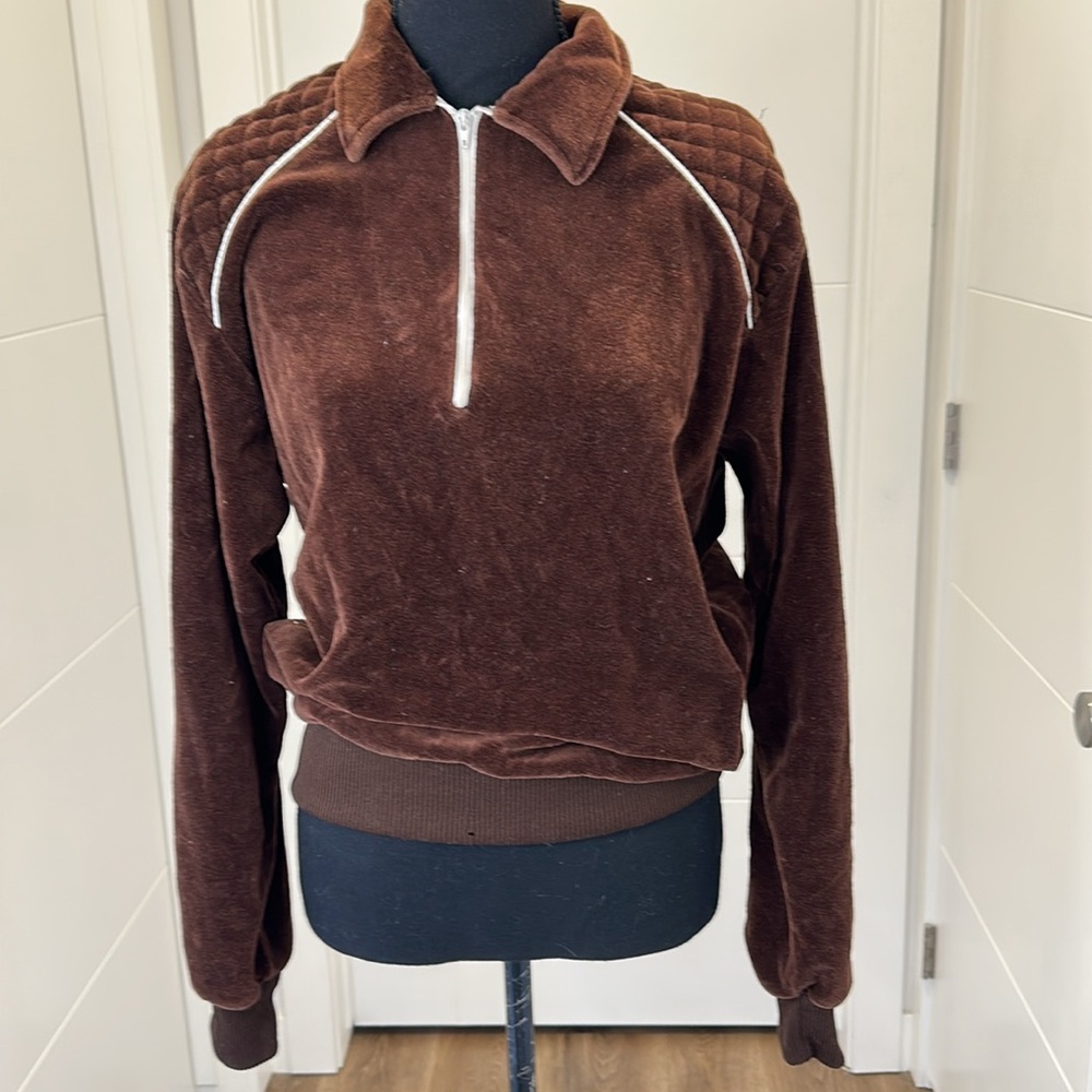 Vintage Velour Half Zip Pullover 70s Athletic Streetwear Quiet Luxury Brown